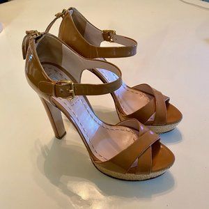 MIU MIU Beige Patent Leather Espadrille Platform Ankle Strap Sandals